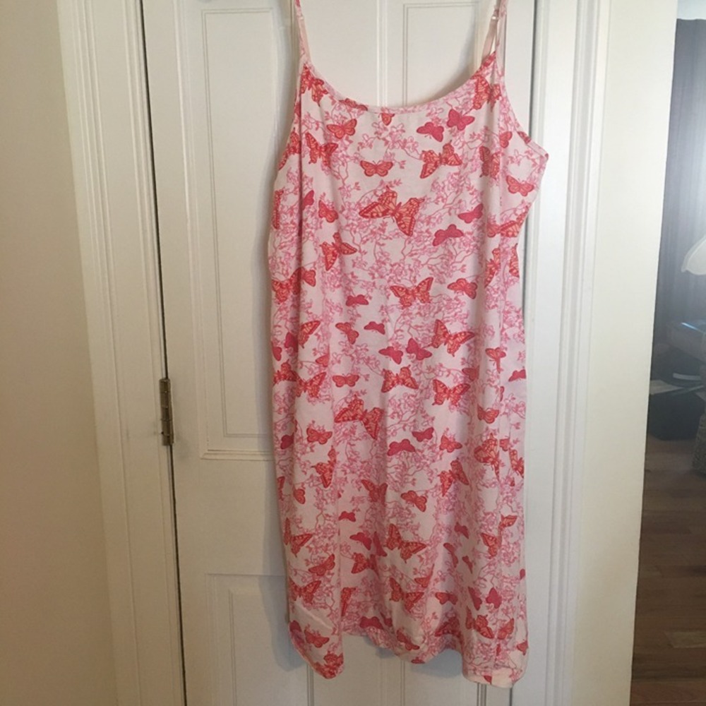 Pink K Womens Butterfly Print Spaghetti Strap Midi Dress Nightgown Pink White M